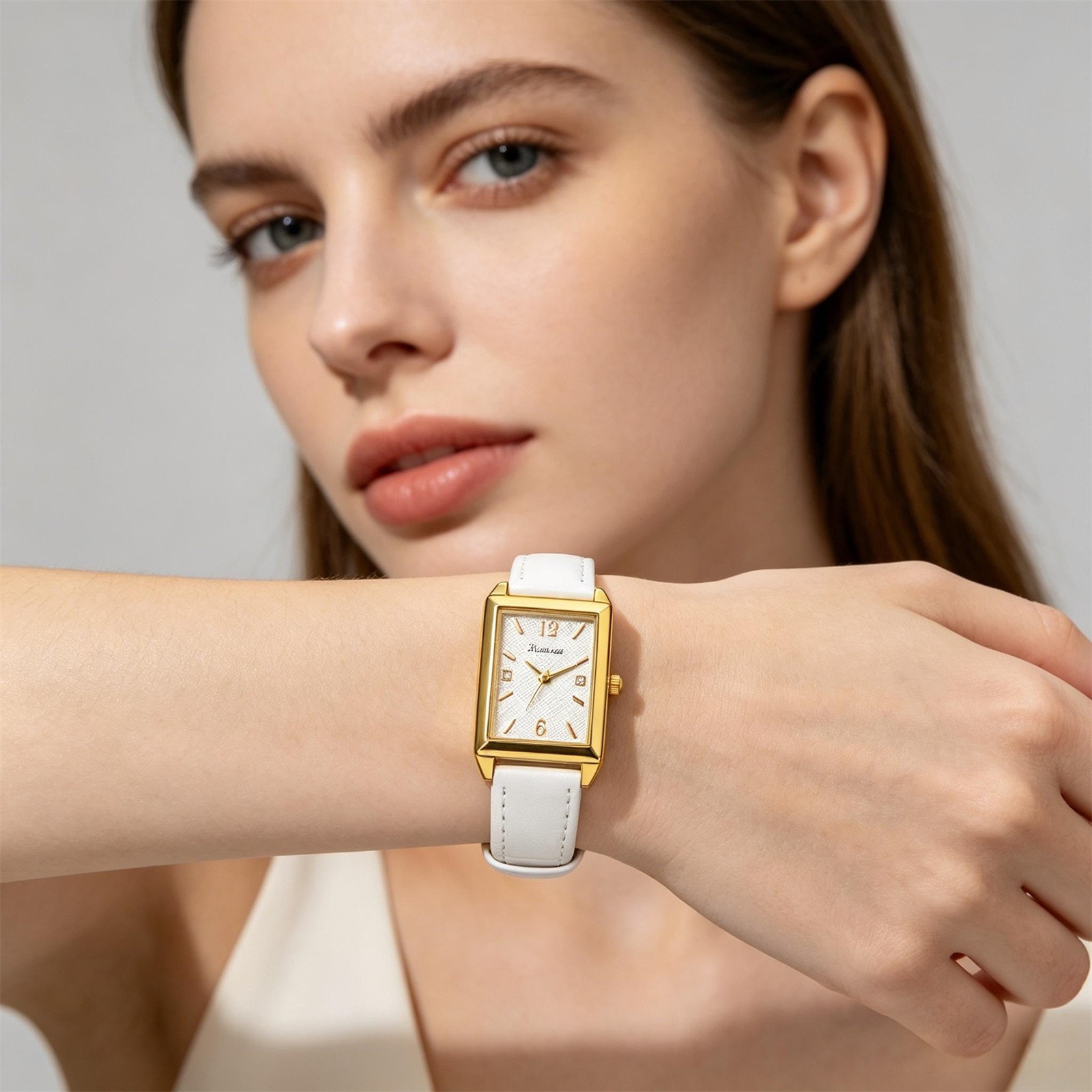 Women Business Rectangle Rhinestone PU Leather Band Wrist Watch for Daily Office