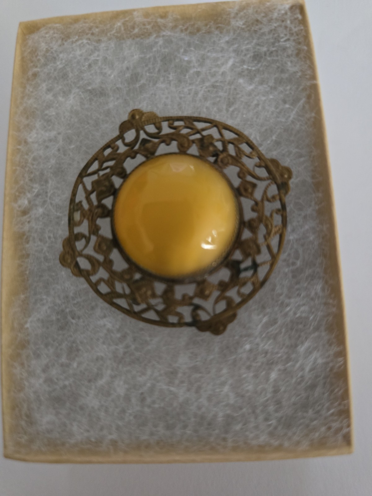 Antique Arts and Crafts Yellow Cabochon on Filigree Yellow Tone Metal Base….