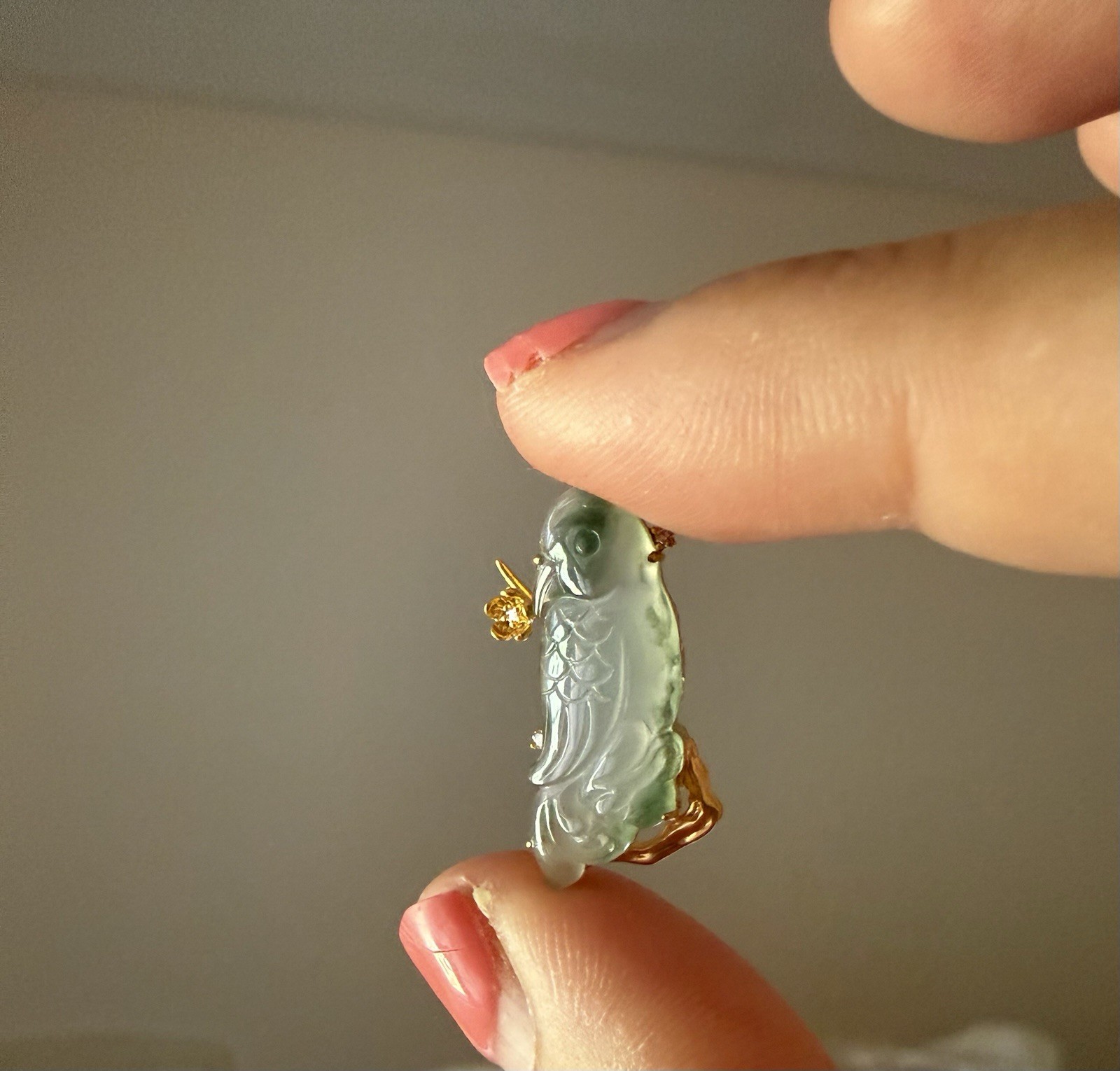 Grade A Jadeite Carved Parrot Standing Cherry blossom Jade Pendant in 18K Gold