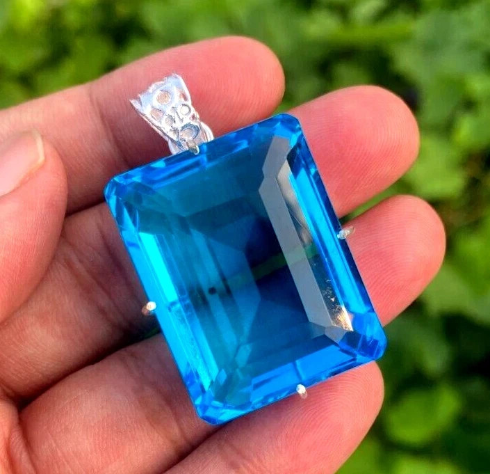 98 Ct Certified Natural Blue Topaz Emerald Cut 925 Silver Pendant Gemstone 24H15