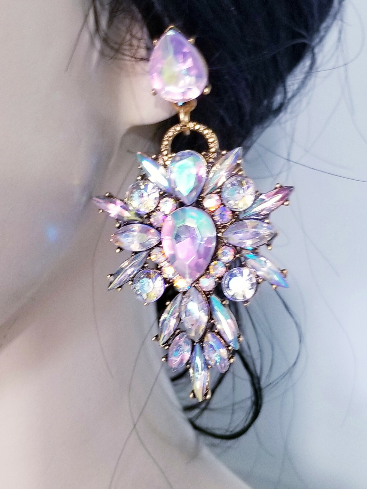 Chandelier Earrings AB Rhinestone Crystal 2.8 in