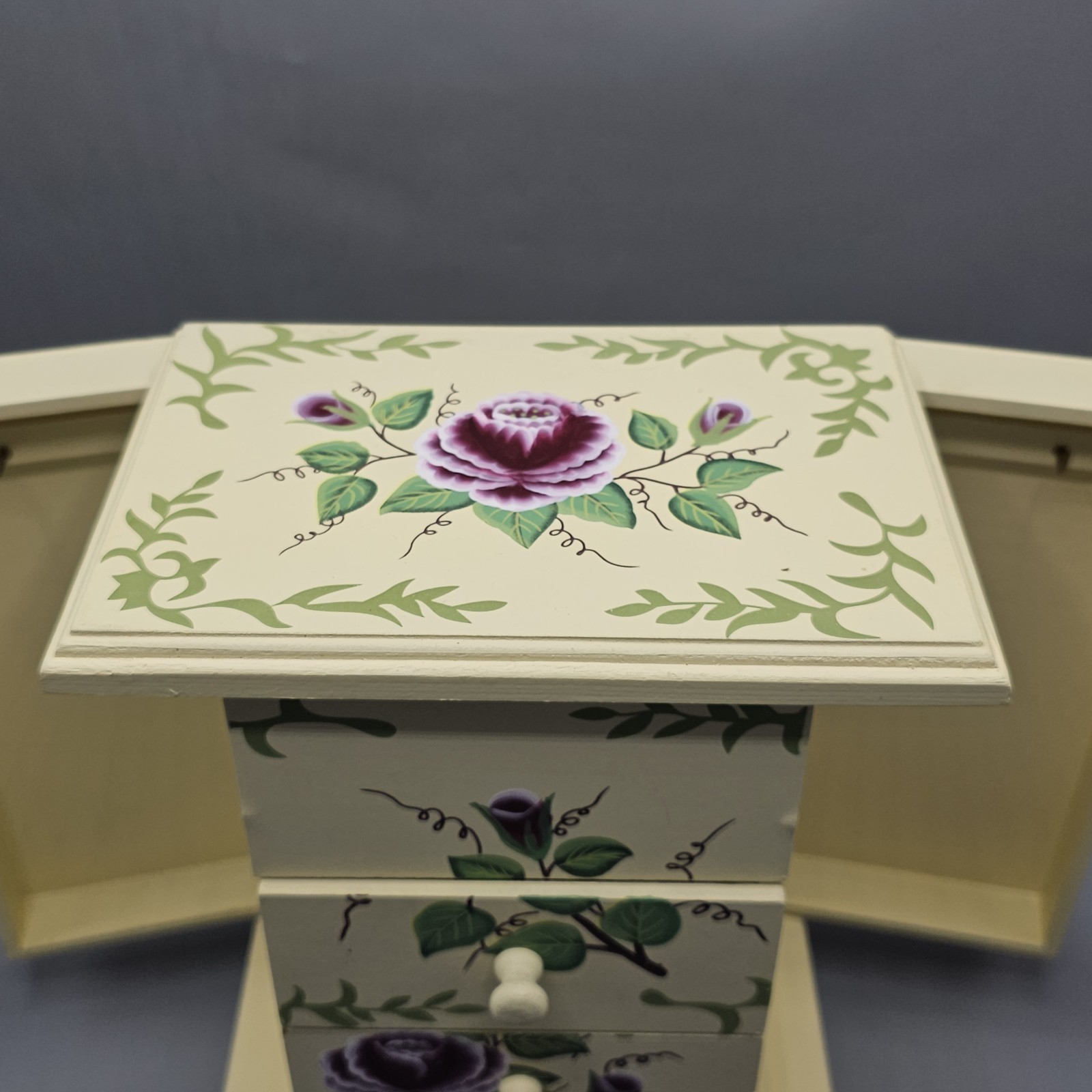 Vintage Wooden Jewelry Music Box Ballerina Cottagecore Grannycore Floral Chic