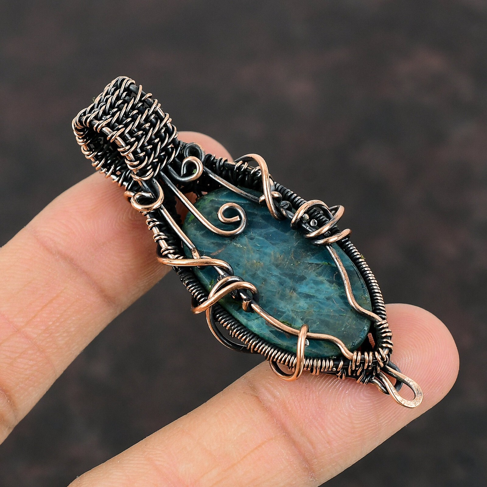 Neon Apatite Wire Wrapped Pendant Handcrafted Copper Unique Jewelry 2.56″
