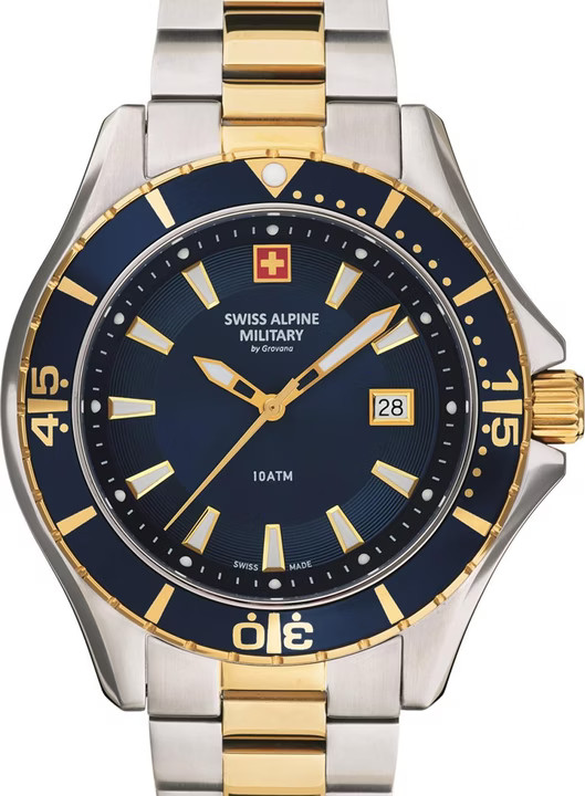 Swiss Alpine Military Blue Dial Dual Tone Diver Watch Swiss Made 7040.1145