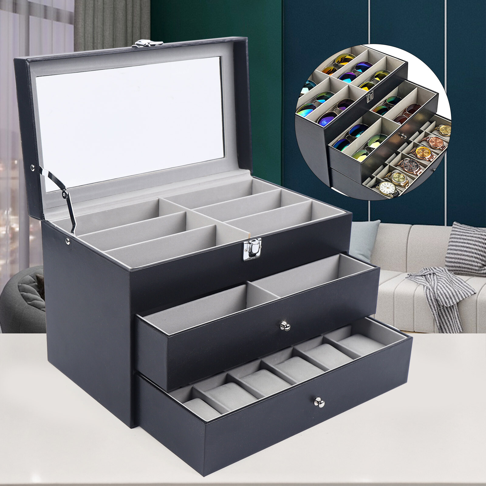 3 Layers Watch Display Box Jewelry Ring Organizer Case Sunglasses Storage Holder