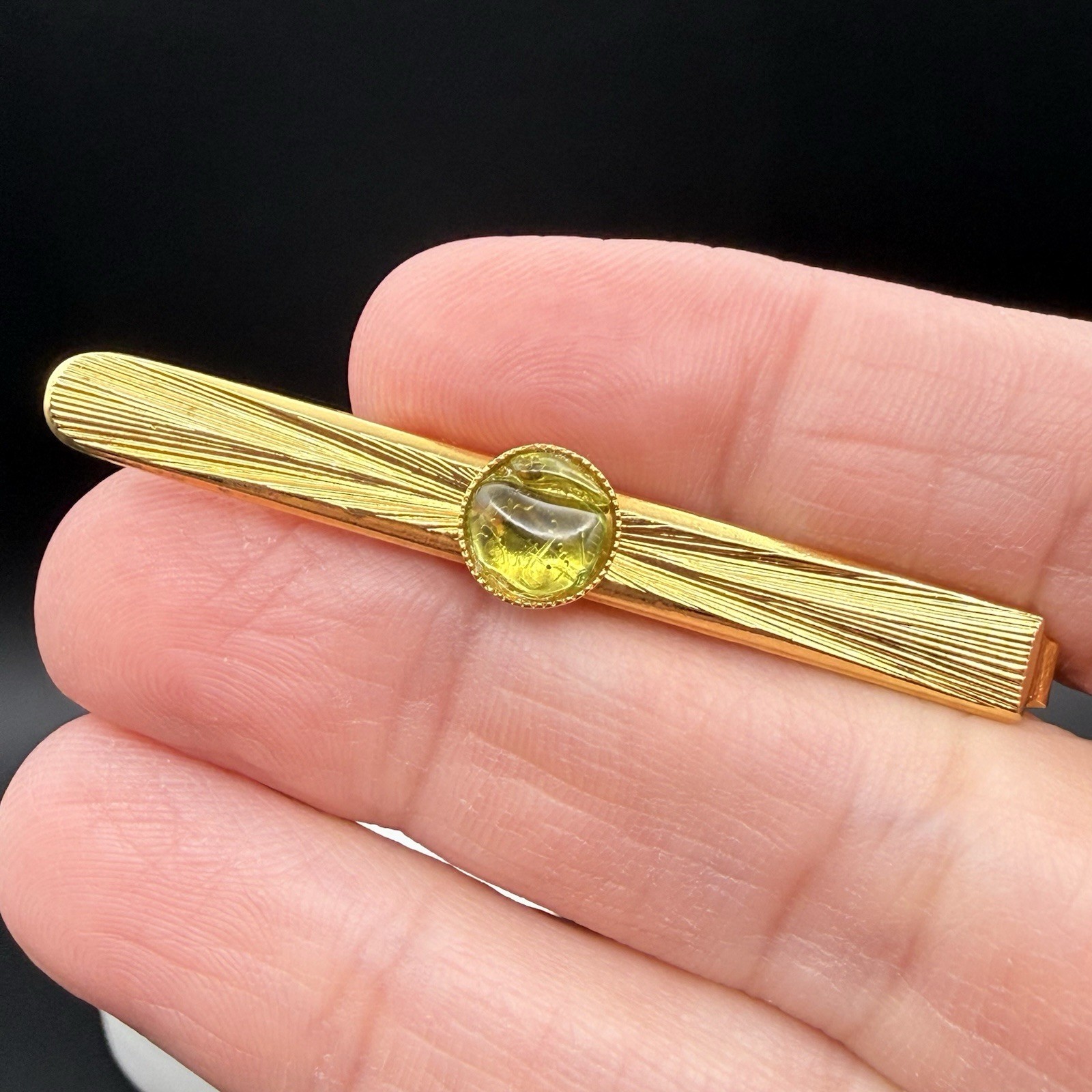 Vintage Green Glass Cabochon Tie Bar Tie Clip Gold Tone Textured Mid Century Mod