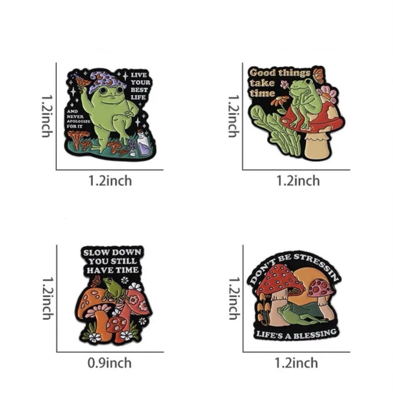 Frog Wisdom Enamel Pin Set – Best Life, Slow Down, Don’t Be Stressin – 1 Or Set