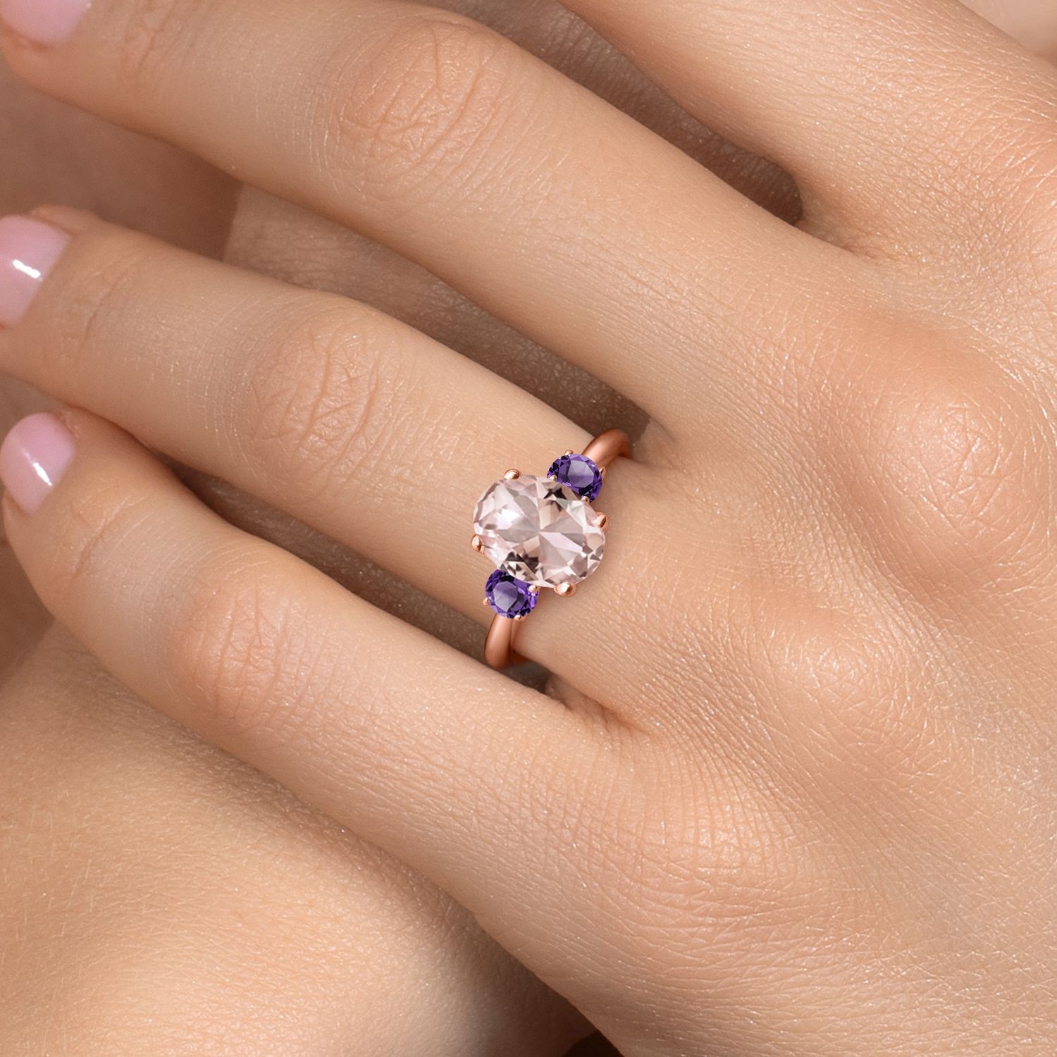 2.82 Ct Peach Nano Morganite Purple Amethyst 18K Rose Gold Plated Silver Ring