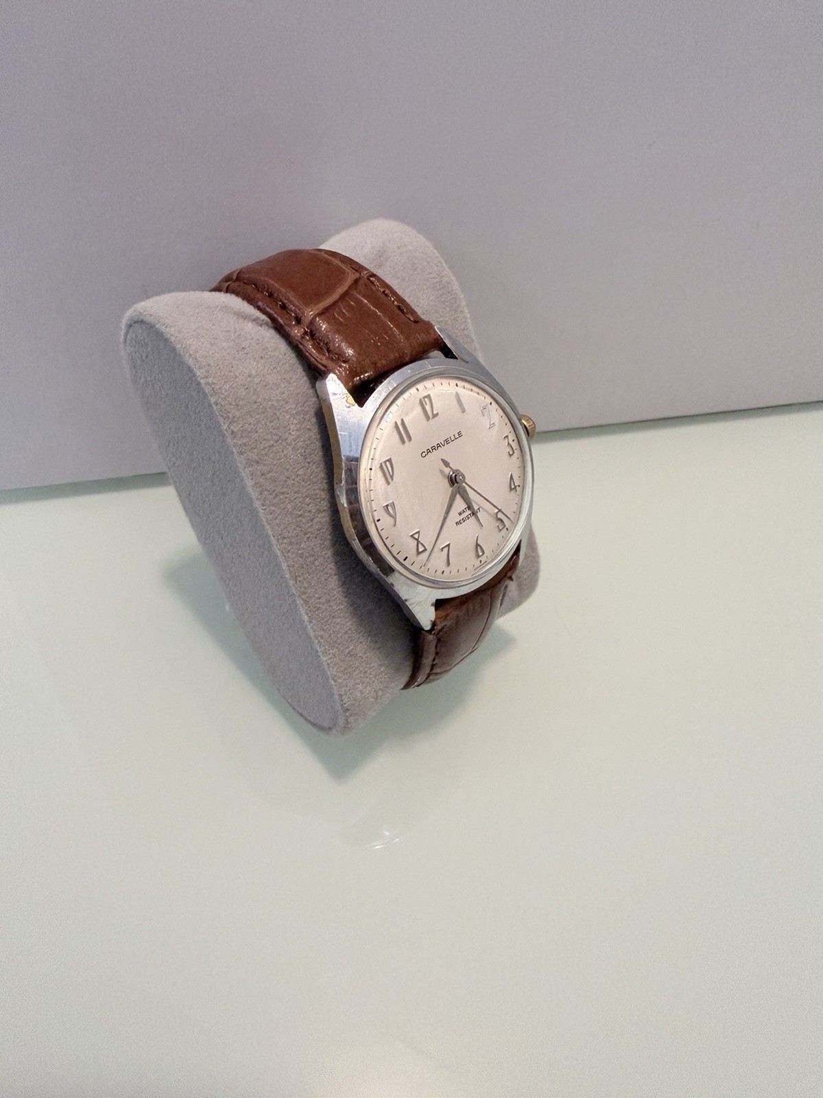 Caravelle Vintage Manual Wind Dress Watch 34mm Silver Dial Brown Leather