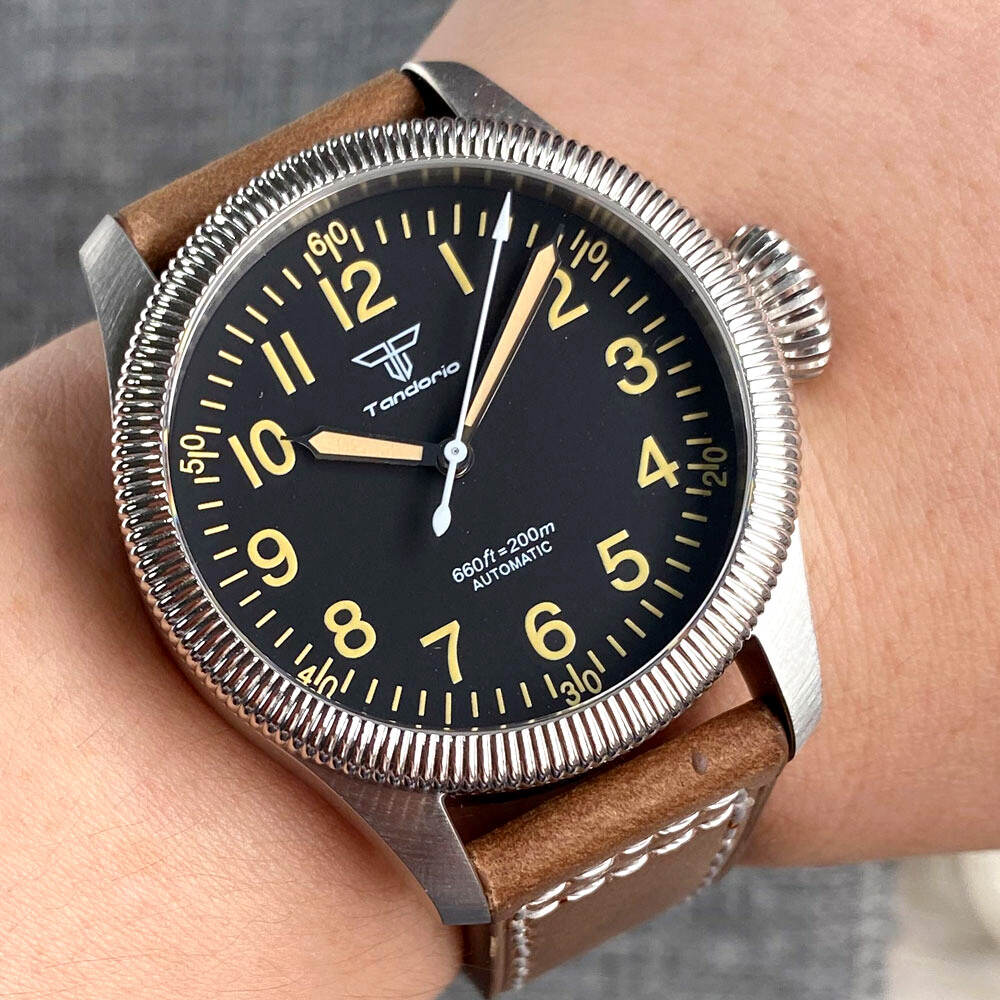 Tandorio 39mm Coin Bezel Pilot Black/Beige 20ATM Diver NH35 Automatic Men Watch