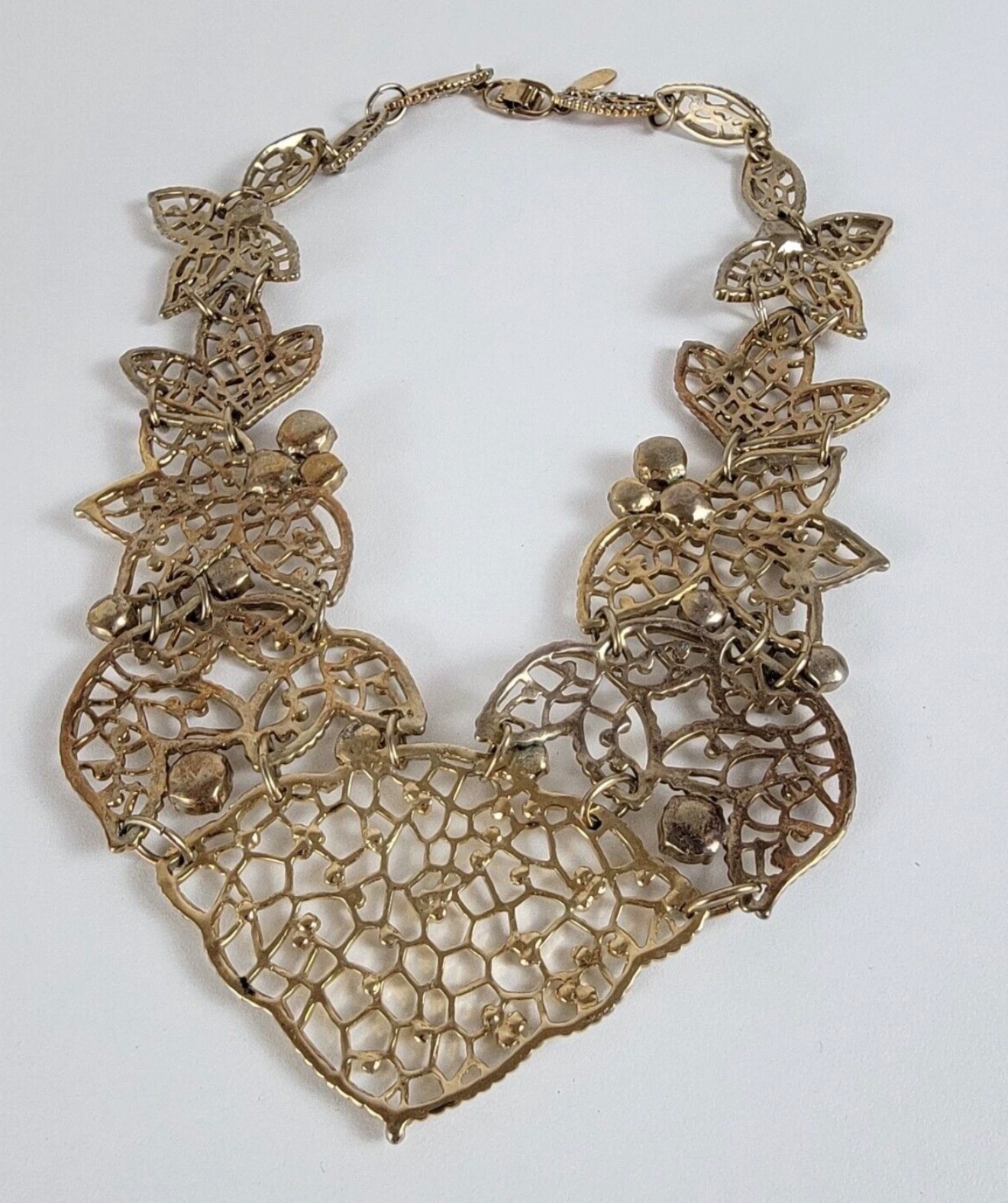 Vtg. Ann Taylor Clear And Pink Crystal Gold-Tone Metal Lace Bib Necklace 18.5 In