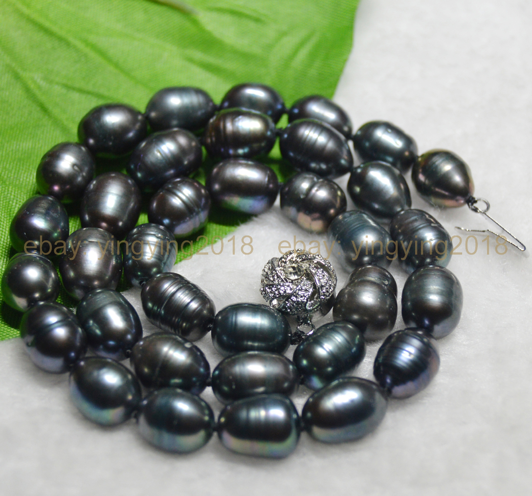 Long 20 inches NATURAL 10-11MM RICE BAROQUE BLACK FRESHWATER PEARL NECKLACES