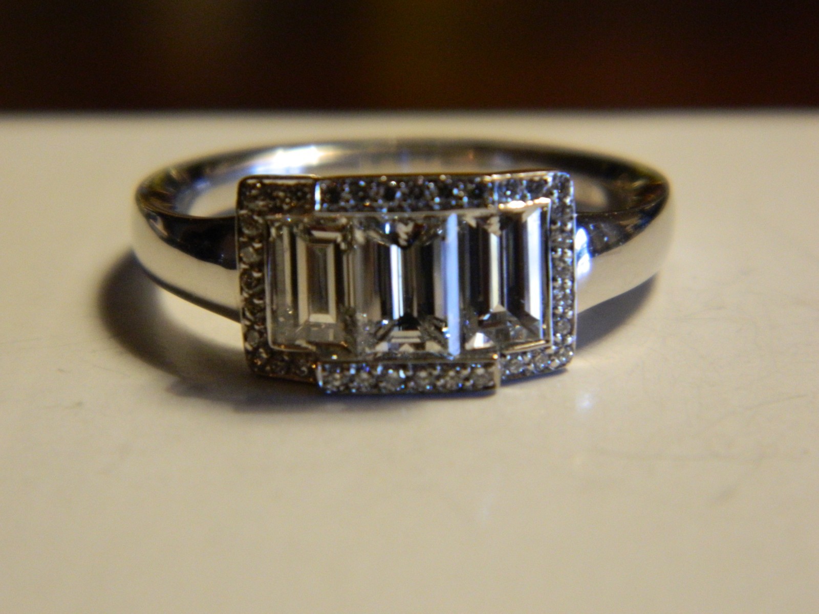 Hans D Krieger 18k White Gold 1.44ctw Diamond 3 Stone Emerald Cut Halo Ring 7