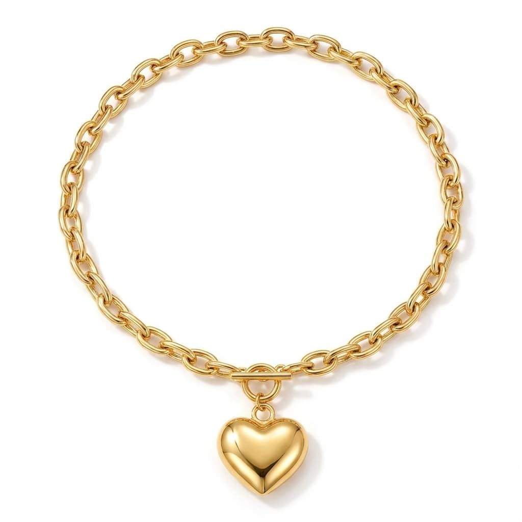 Chunky Gold Heart Necklace for Women, 18K GoldPlated Link Chain with Puffy He…