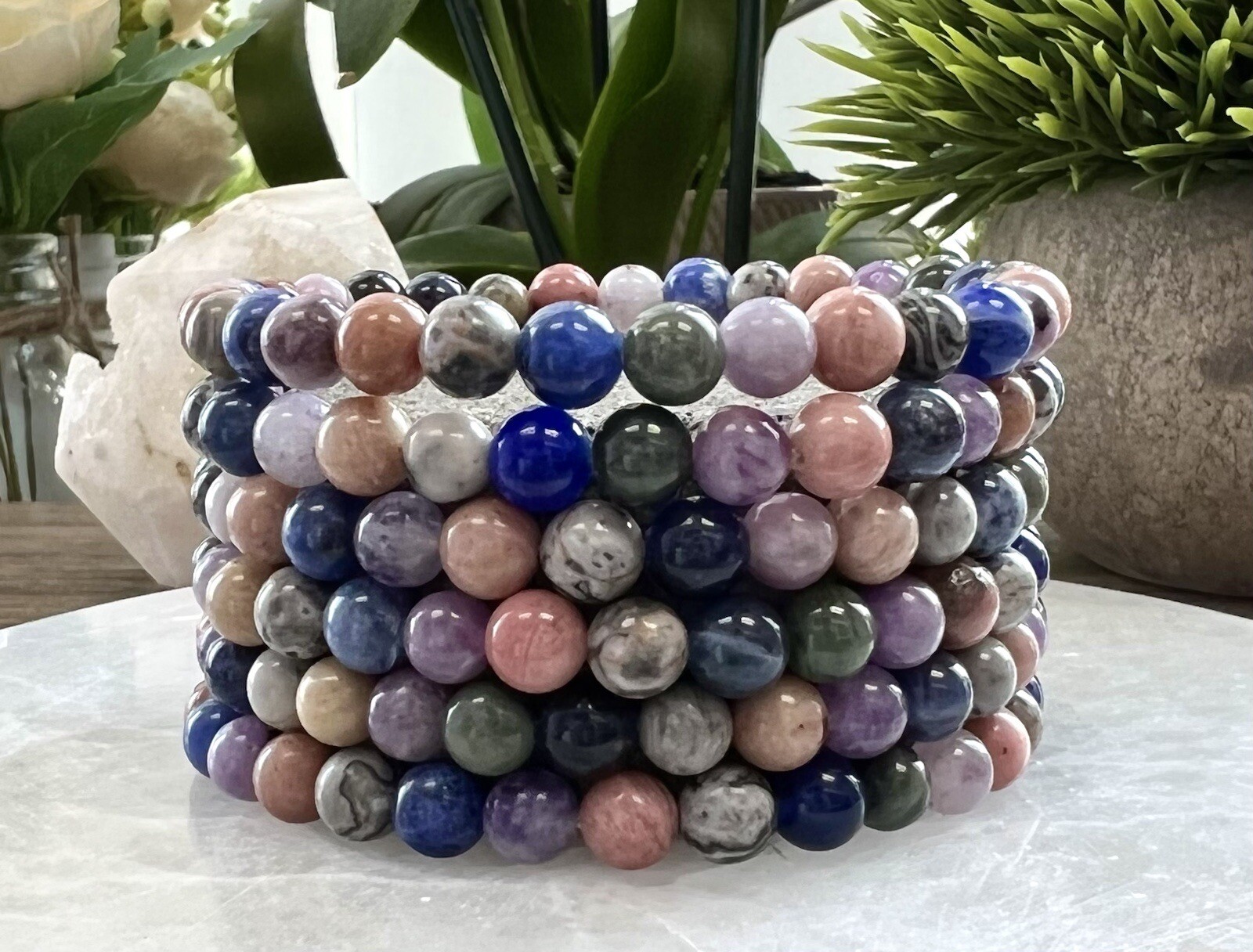 Wholesale 6 Pcs Natural 5 Mix Crystal 6mm 7.5” Stretch Bracelet