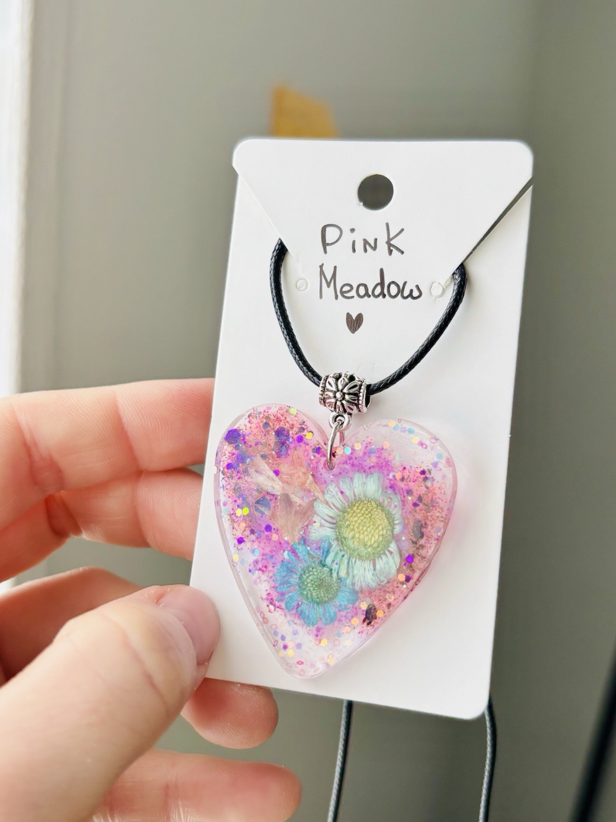 Pink Meadow Resin Heart Necklace Handmade Dried Flower Pink Pendant