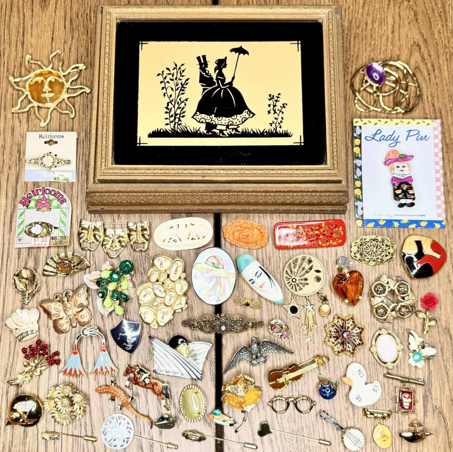 Vintage Estate Sale Brooch & Pin Lot 54 Pieces w/ 1940s Silhouette Jewelry Box