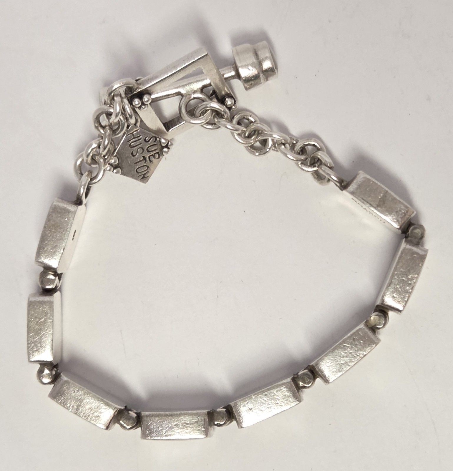 SUE HUSTON Sterling Silver Shell Inlay Bracelet 925 MOP Toggle Clasp 7″ L x3/8″w