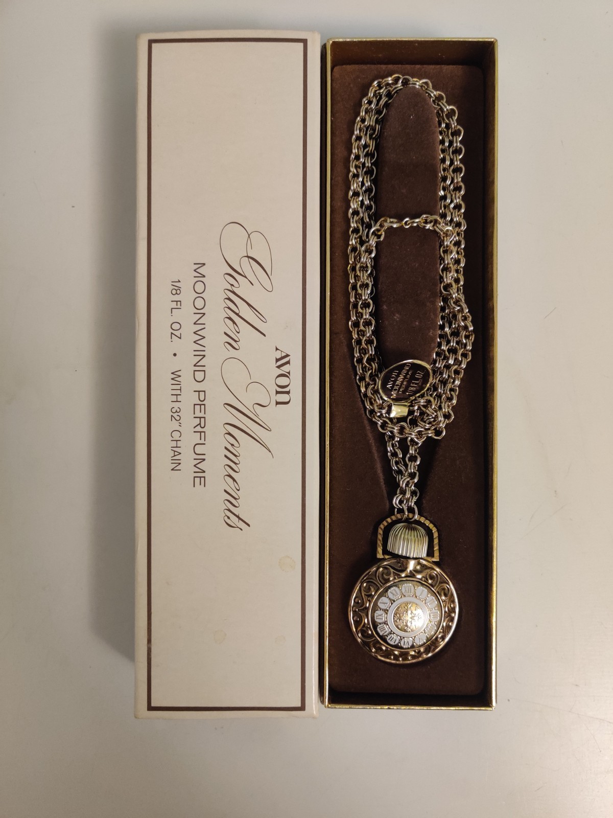 AVON MOONWIND ENAMEL POCKET WATCH 32 in NECKLACE PERFUME BOTTLE New w Box