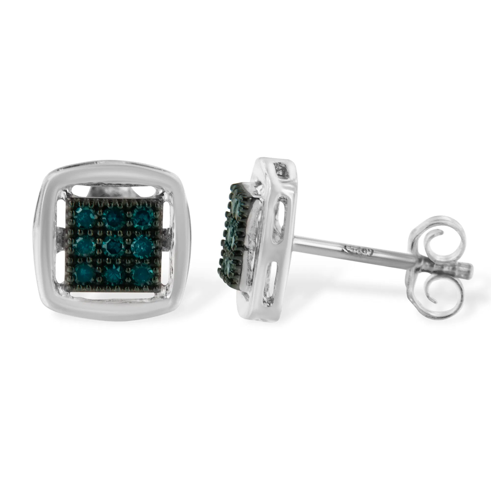 Sterling Silver Rose Cut Treated Blue Diamond Square Stud Earring (0.25 cttw, Bl