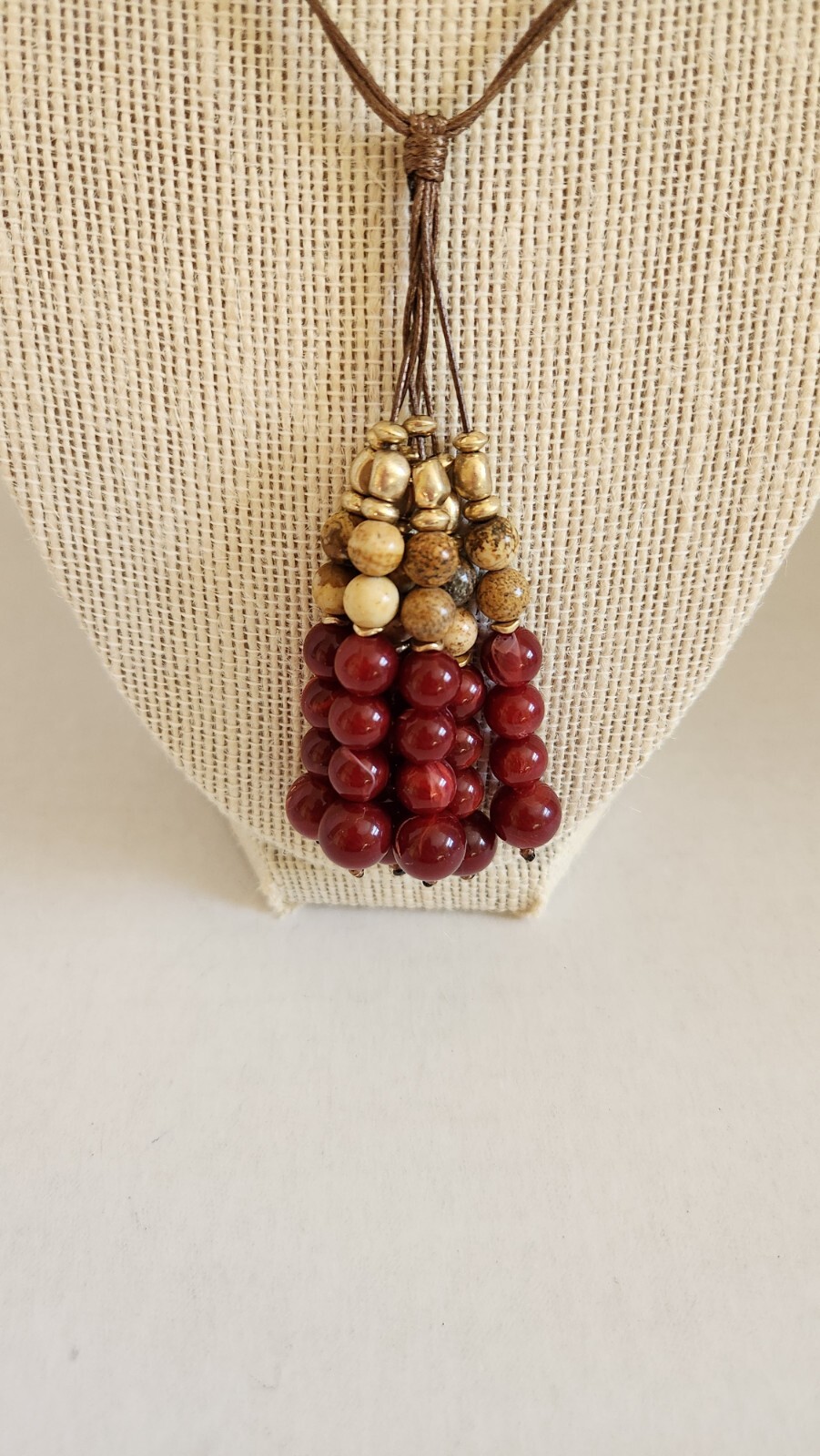 Ashley Cooper Multi Strand String Beaded Necklace Red and Neutral Colors