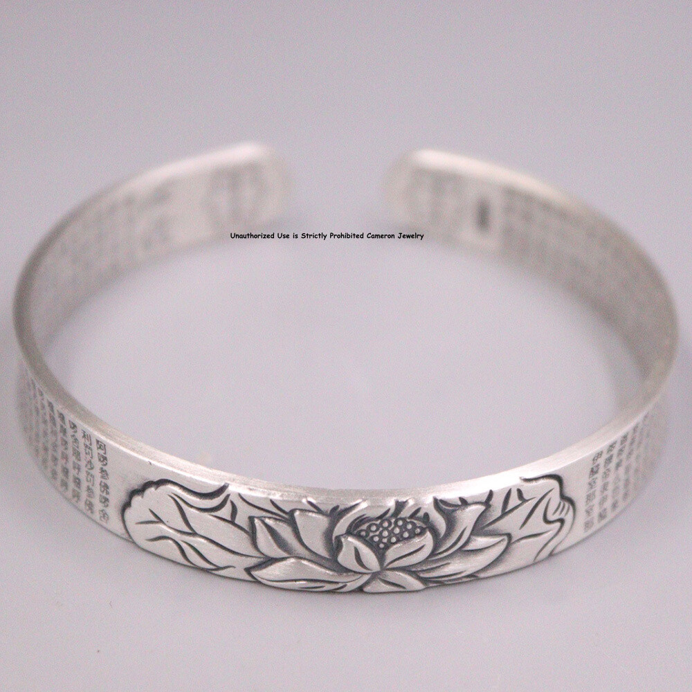 Pure S999 Fine Silver 999 Bracelet Women 10mm Lotus Figure Bangle 30-32g 58-62mm