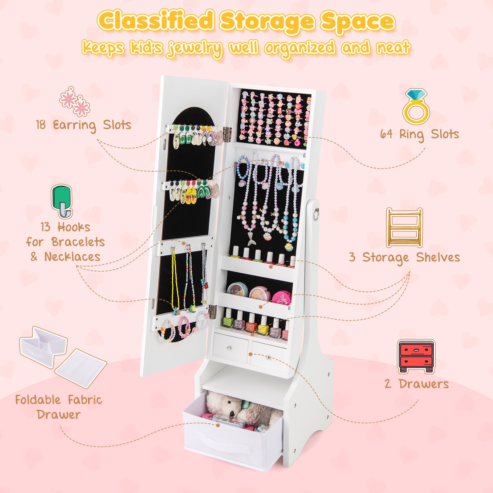 Kids Vanity Set Princess Makeup Dressing Table & Chair Set w/ Jewelry Armoire