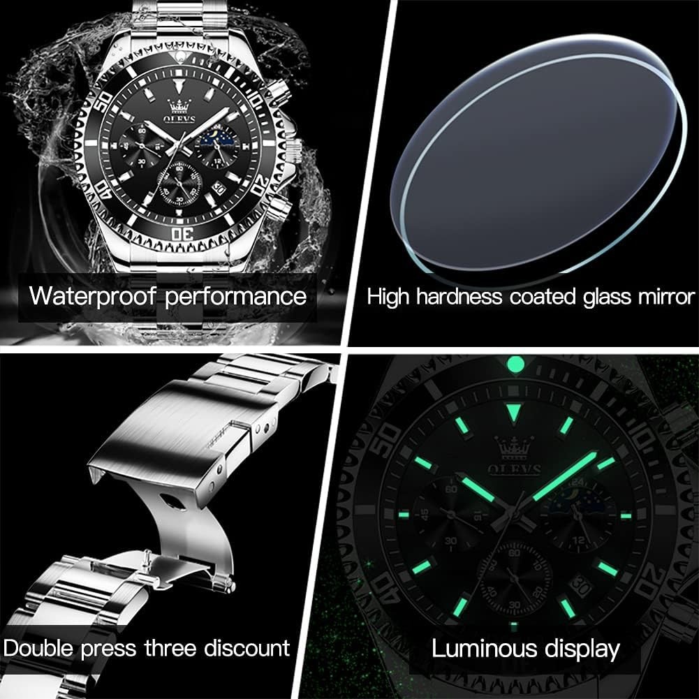 Moon Phase Men’s Watch – Luxury Waterproof Chronograph with Crystal Dial