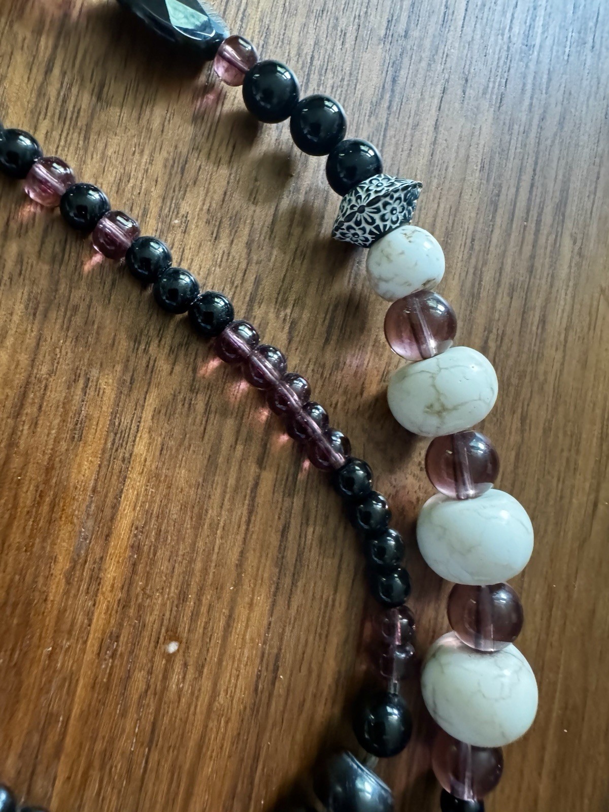 Beautiful Beaded Glass Necklace, Black White Purple Gray, Asymmetrical Charm