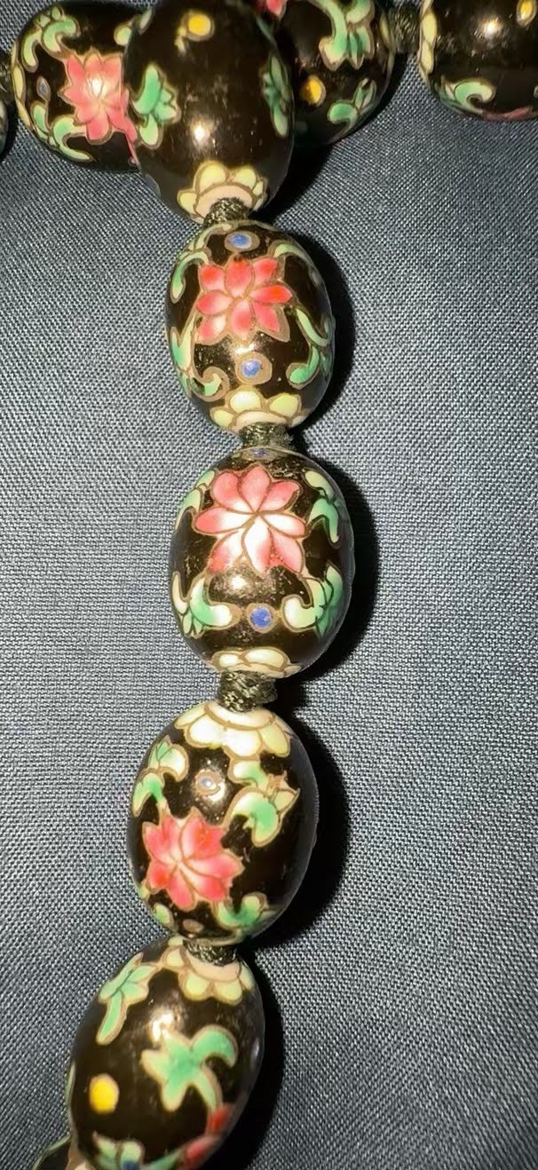 Black Cloisonne Round Bead Strand Necklace w/ Clasp, Floral Pink Green Gold