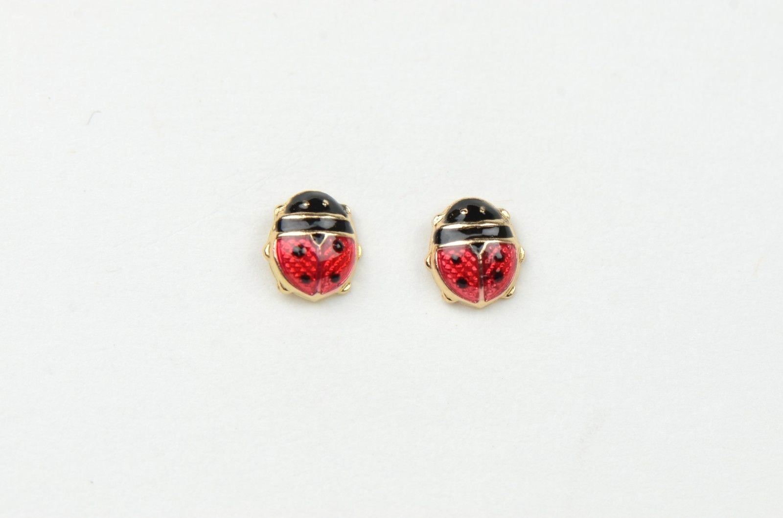 14k Yellow Gold Red and Black Enamel Lady Bug Baby earrings, Screw Back