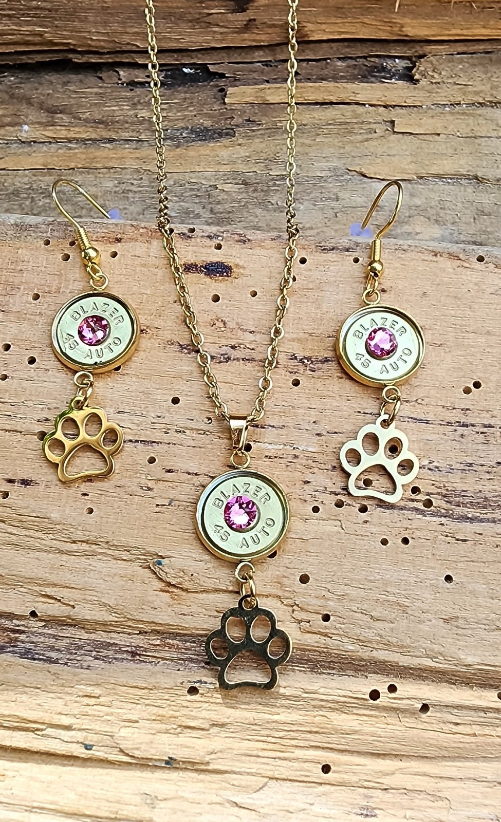 Gold Stainless Bullet Necklace and Earrings with Paw Charms. Optional Color