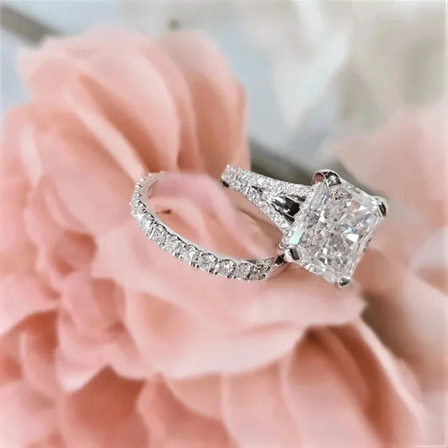 3.60 CTW Radiant Cut Moissanite Bridal Set Engagement Ring 14K White Gold Plated