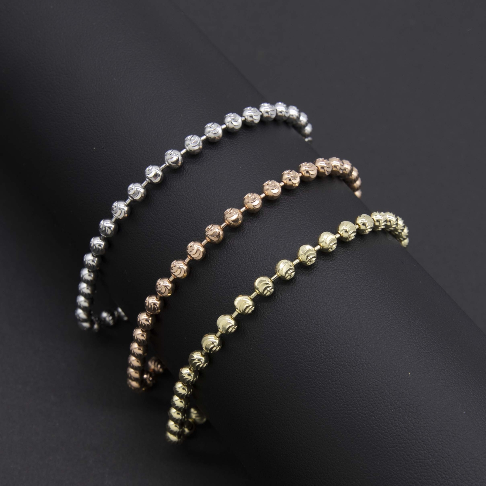 Men’s Moon Cut Bead Ball Dog Tag Bracelet Real 14K Yellow Rose White Gold 8.5″