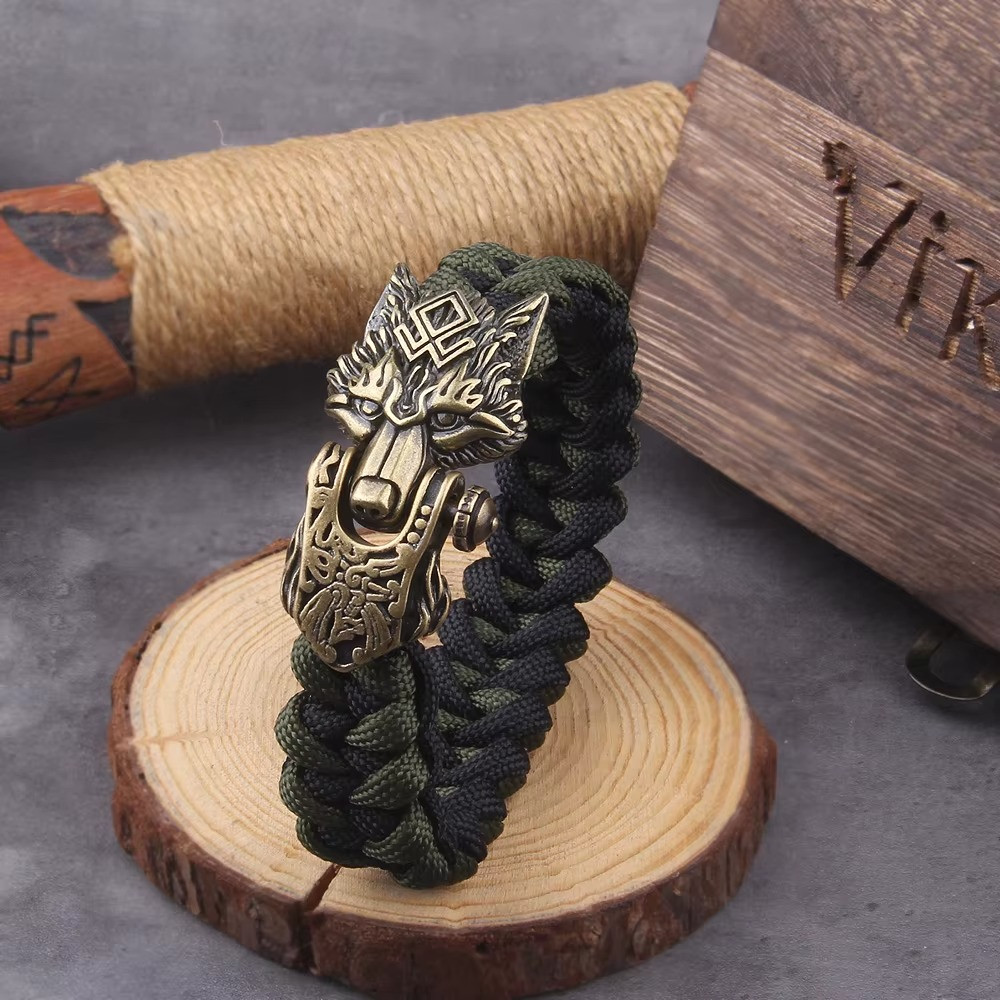 Viking Wolf Head Bracelet Men’s Braided Paracord Punk Biker Cuff Jewelry