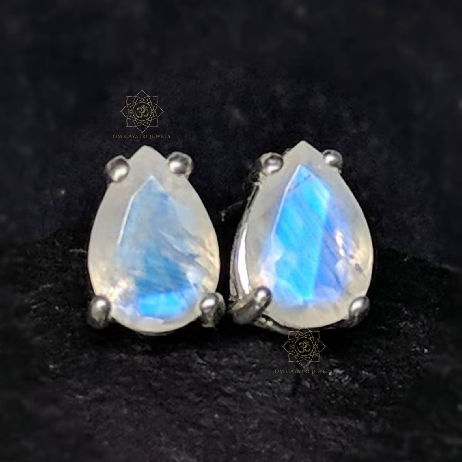 Natural Pear Moonstone Stud Earrings 925 Streling Silver Handmade Jewelry 7x9MM