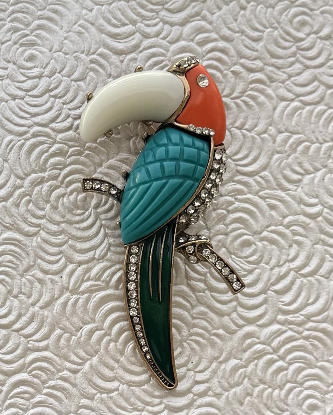 Toucan bird brooch & pendant enamel/resin on metal w/crystals