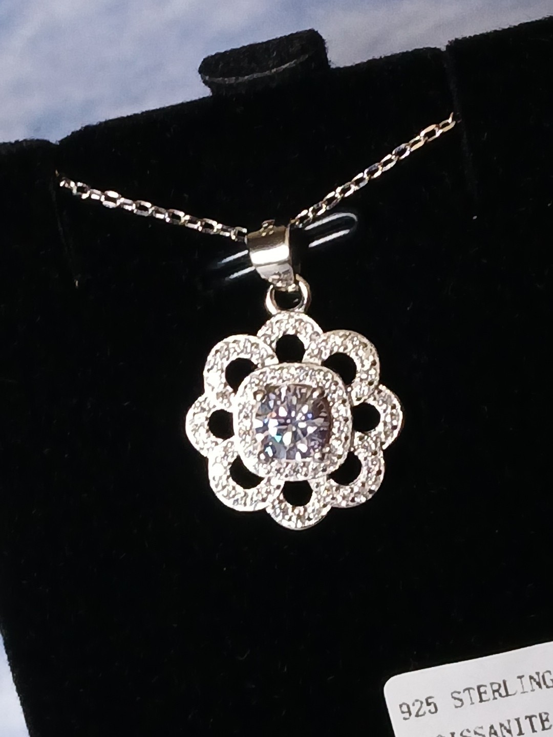 Moissanite Flower Shaped Pendant .8ct, 15-17″, Rhodium Platinum Over Sterling