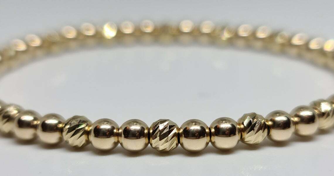 14K Solid Yellow Gold Bar Cut Faceted /Smooth Round 4mm Stretch Unisex Bracelet