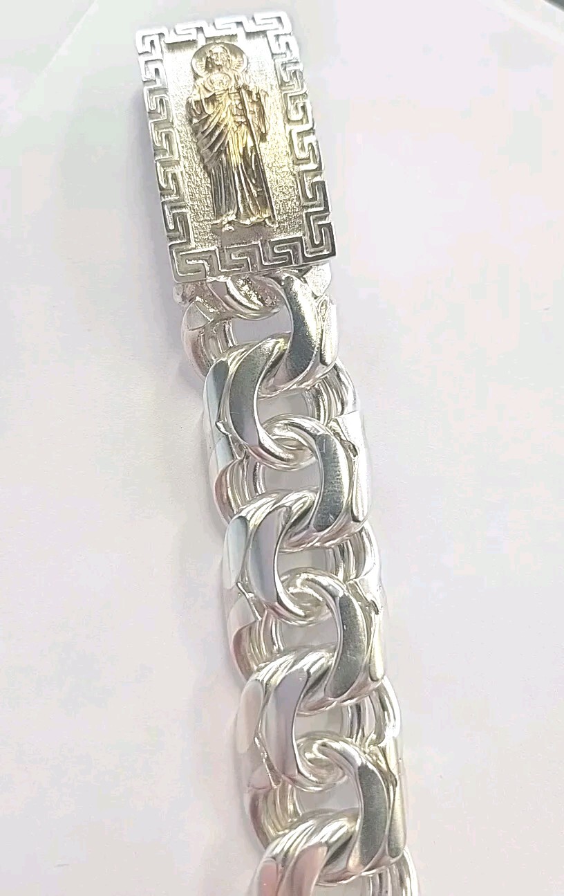 925 Sterling Silver Bracelet Chino Link San Jude 10Inch 20MM 3D W/ Versace Lock