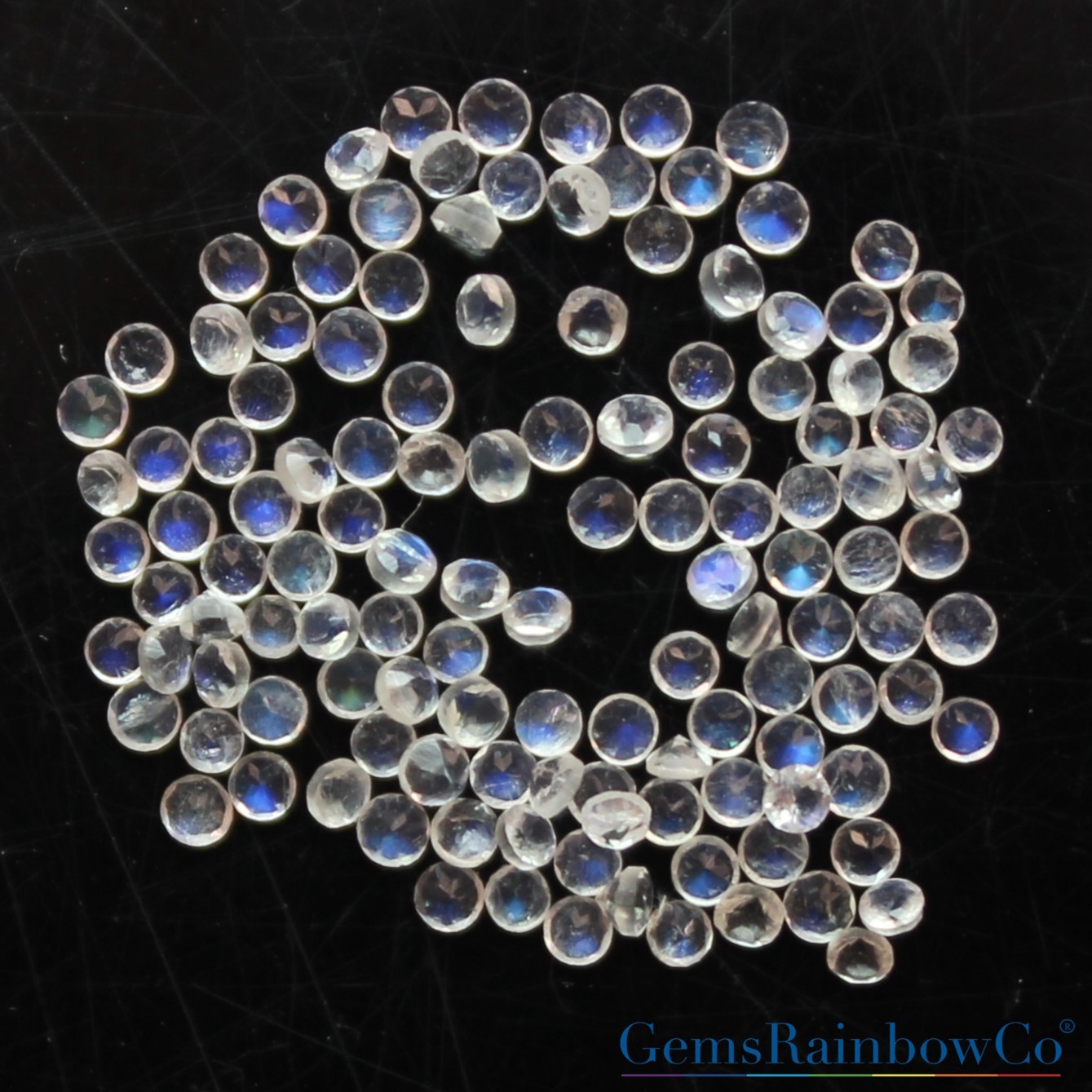 Natural Rainbow Moonstone Round Cut 1.5mm & 2mm Sparkling Blue Fire Gemstones