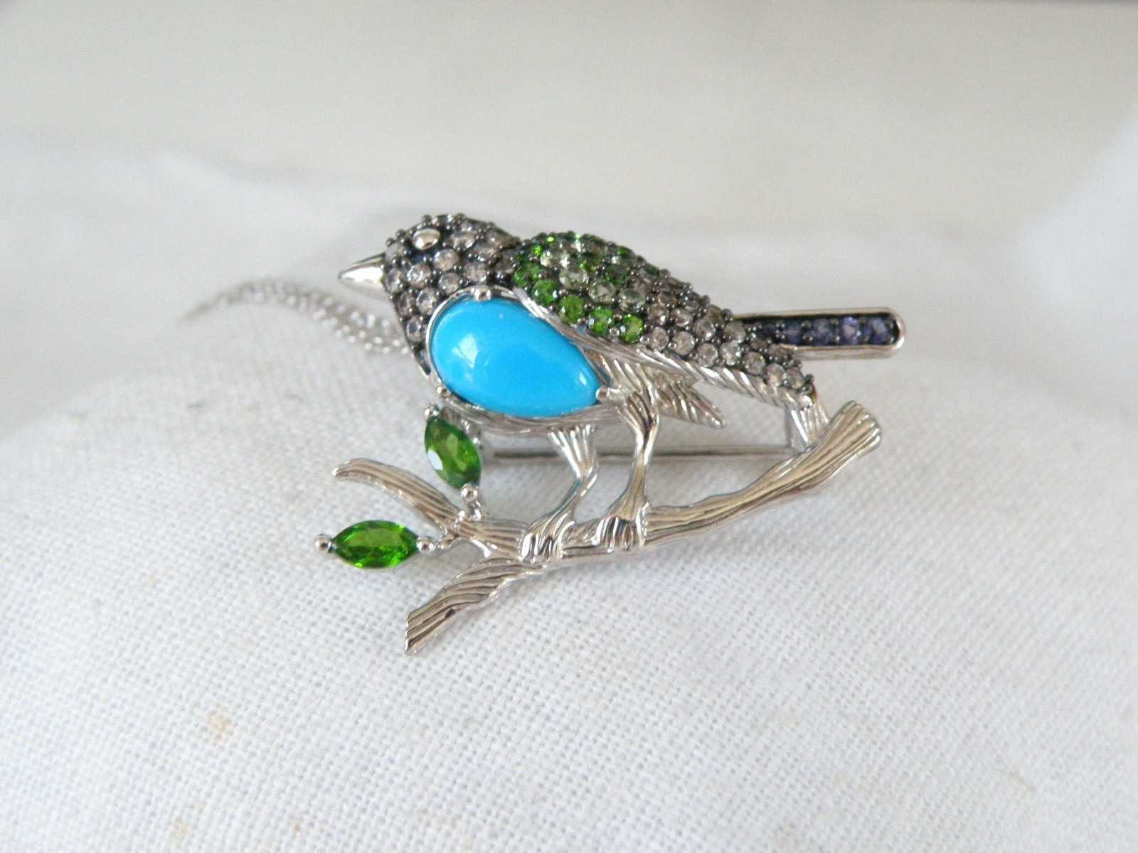 Victoria Wieck Sterling Silver 925 Turquoise Gemstone Bird Brooch Slide Necklace