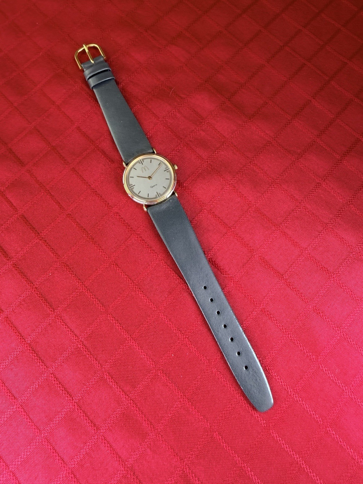 Vtg McDonalds Logo Quartz Watch 1980s NOS Gold Tone Black Strap France