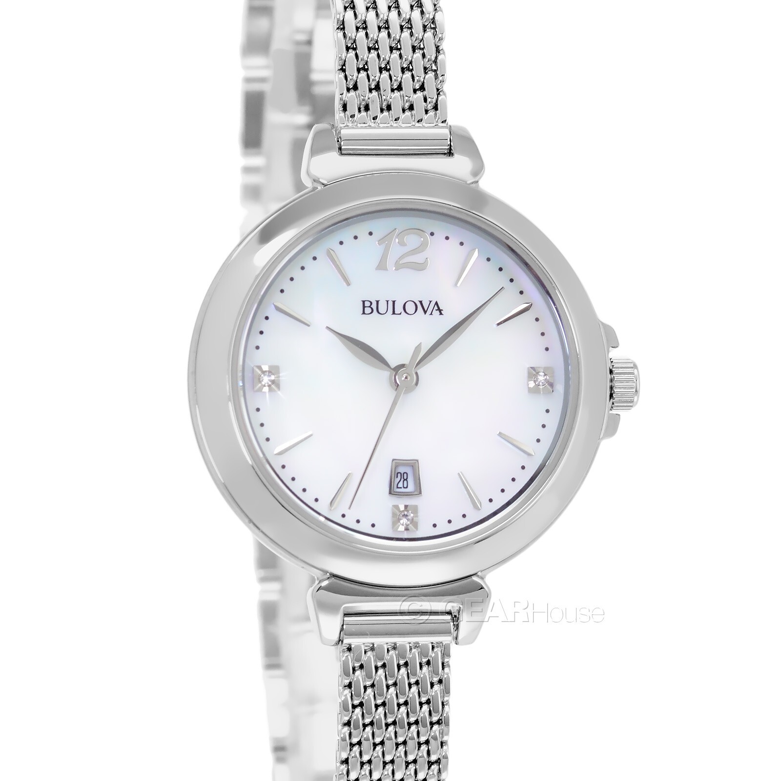 BULOVA Womens Dress Watch Genuine Diamonds, White MOP Dial, Stainless Steel Mesh