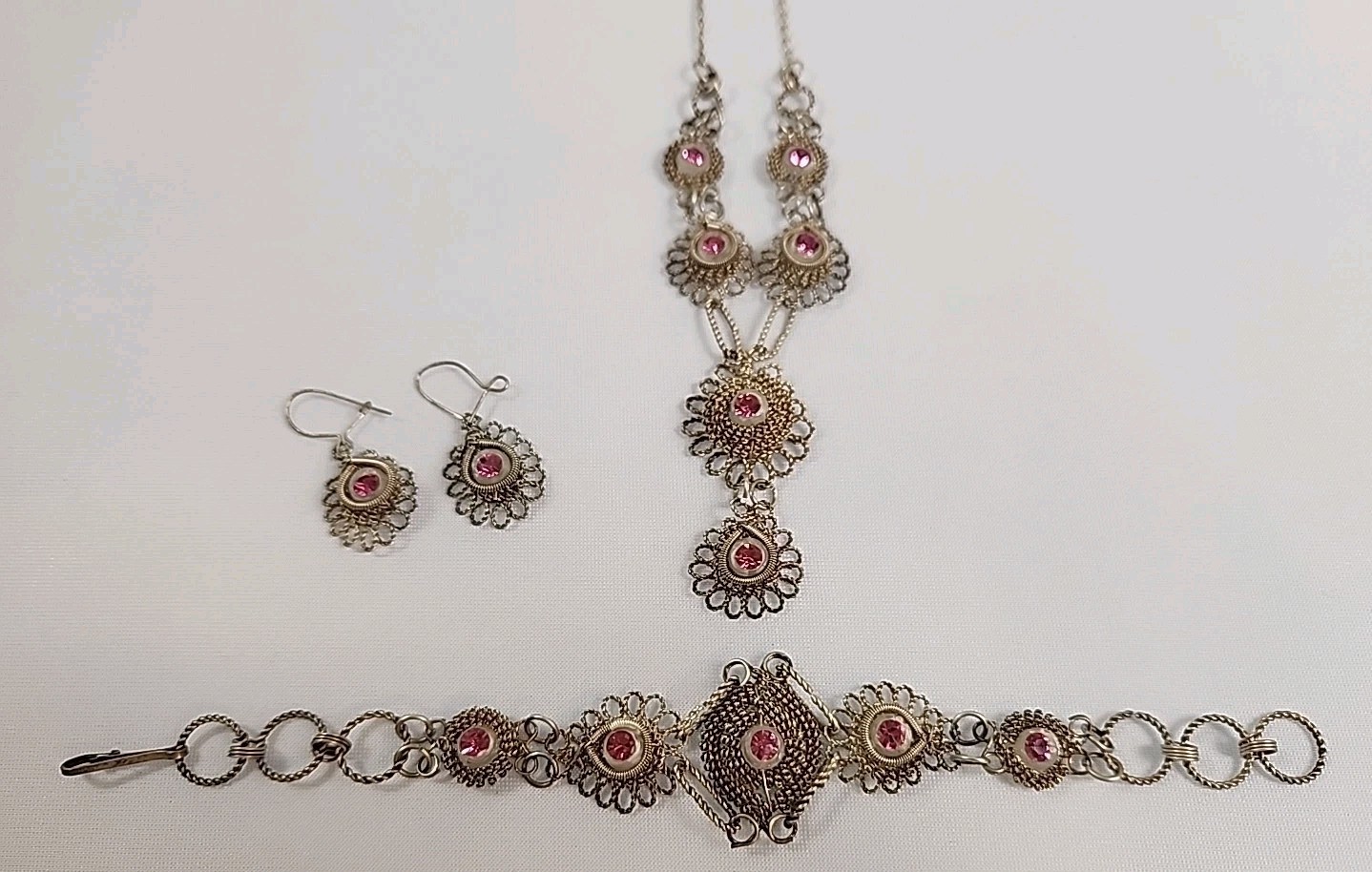 VTG 1930’s Art Deco Silver Wire Open Work Acrylic Stone Necklace Bracelet Ear…