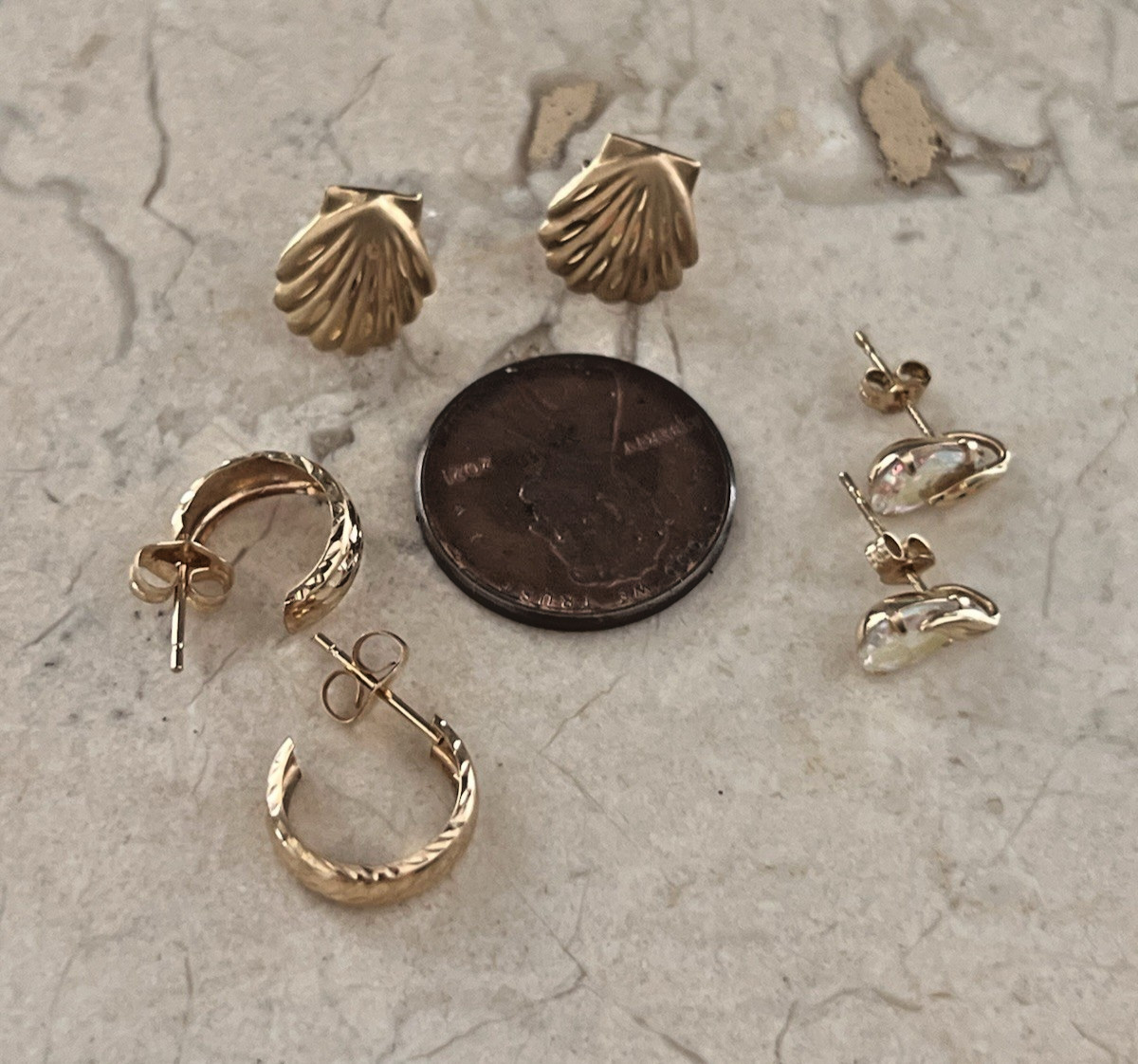 3 Pairs 14K Yellow Gold Dainty Earrings Lot Seashell Etched Hoops & AB Crystal
