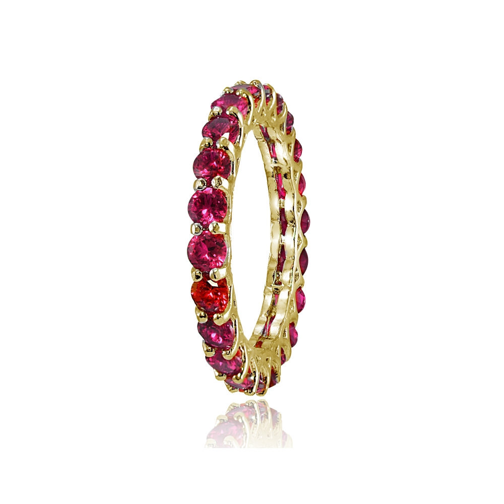 Yellow Gold Flashed Silver Created Ruby 3mm Round-cut Eternity Band Ring