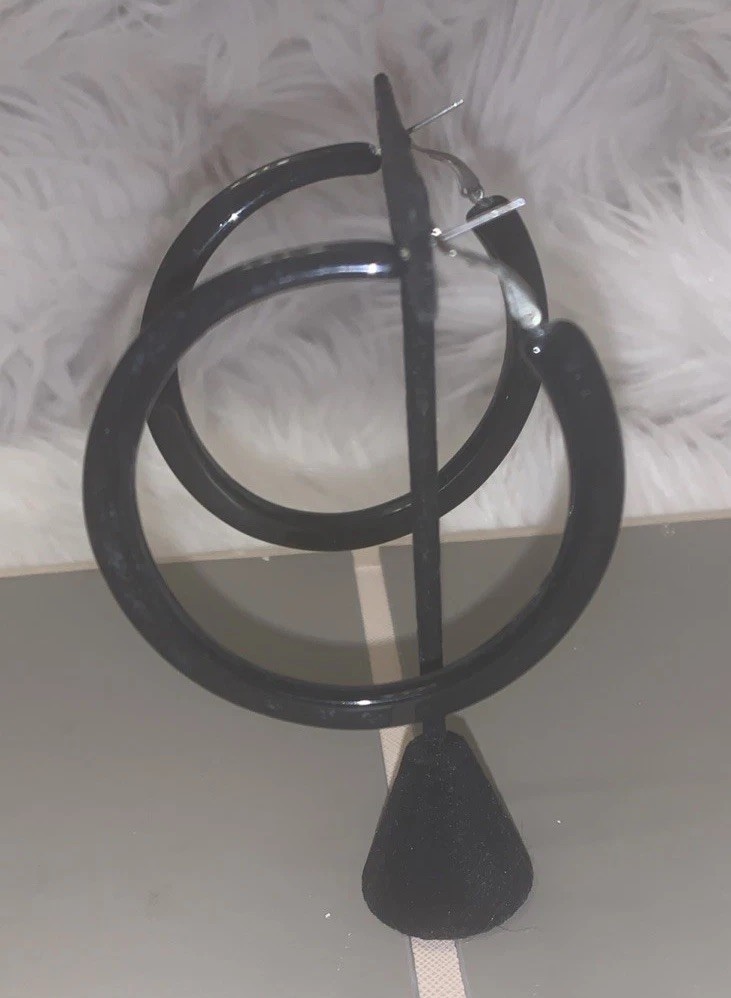 Black Hoop Earrings 2.5″ Large Statement Latch Back Hinged Minimalist Chic