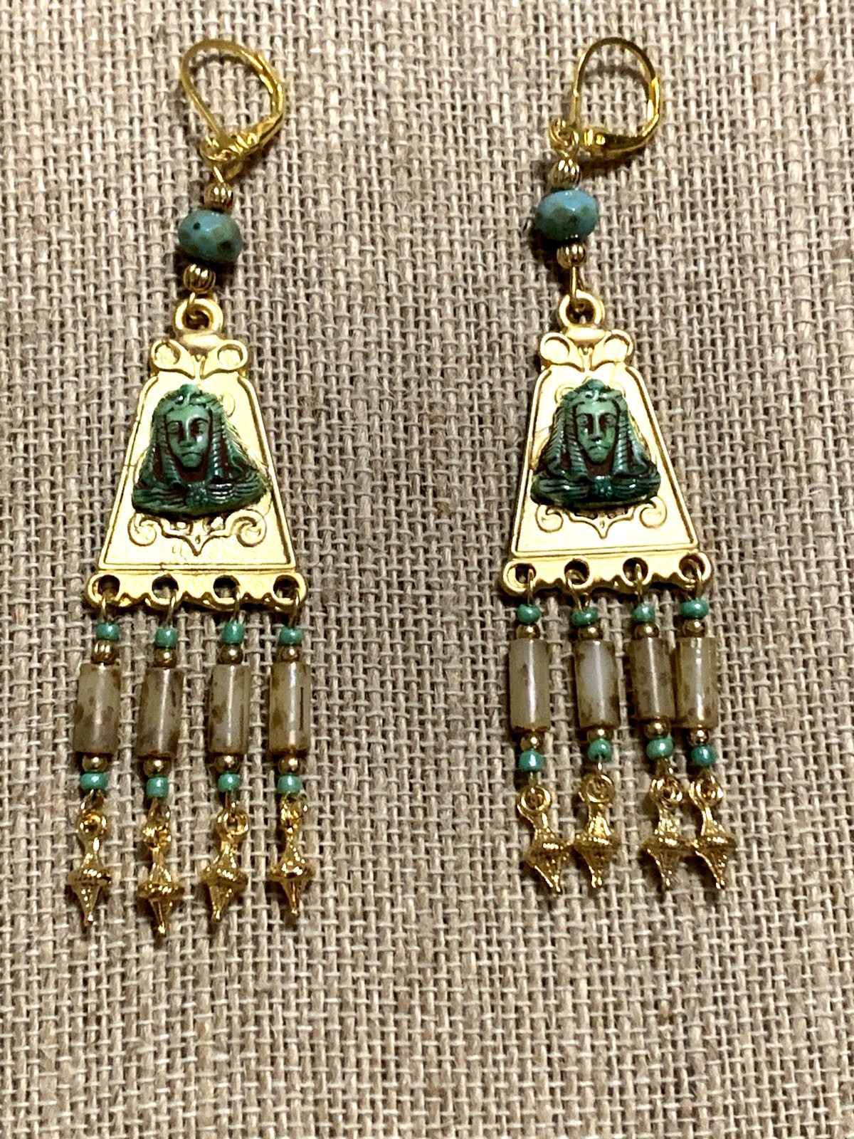 NEW ITEM*ARTISAN*EGYPT REVIVAL CZECH NEIGER GLASS PHARAOH CHANDELIER EARRINGS.g
