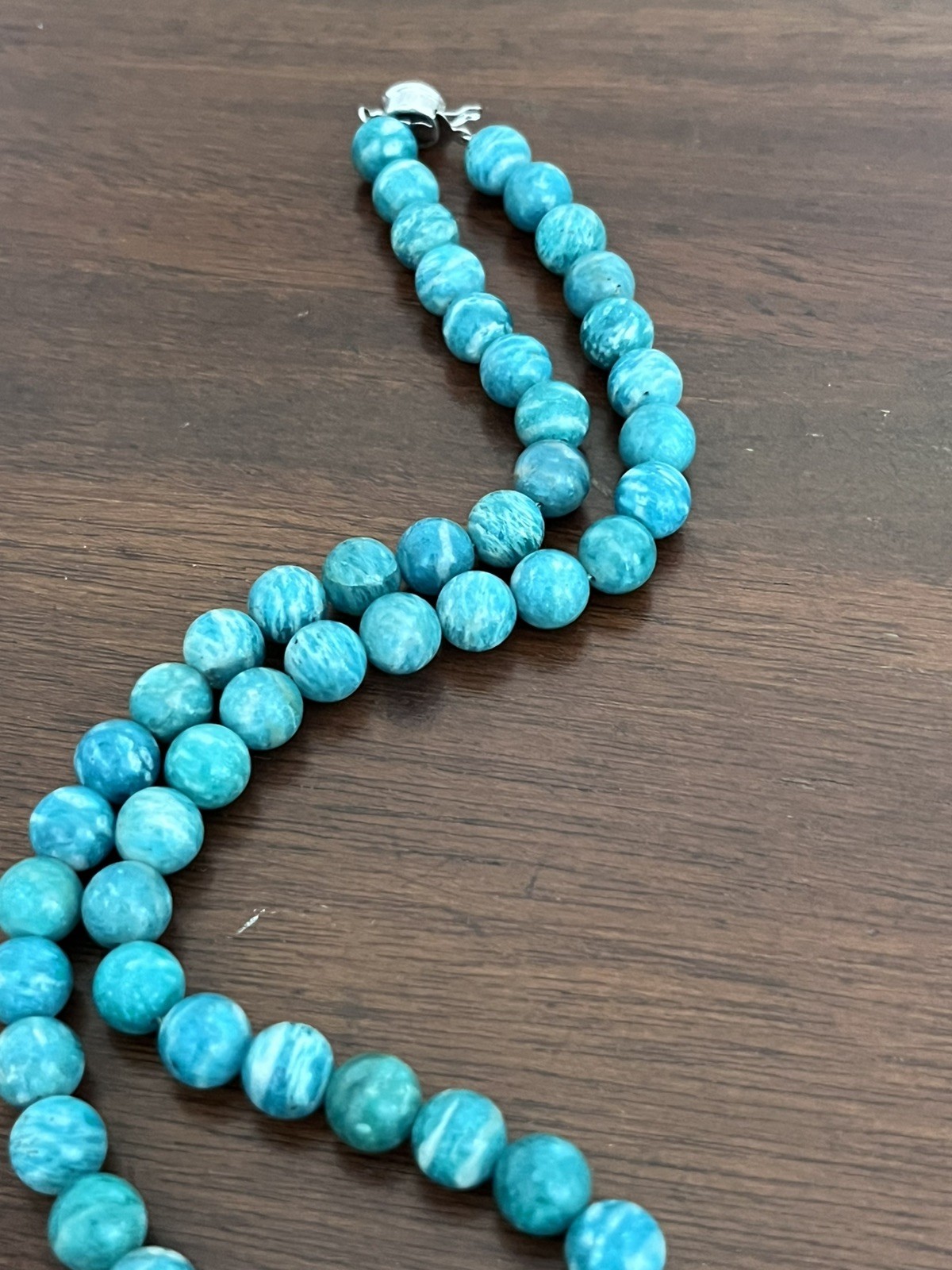 Gorgeous and Simple Green Amazonite Stone Beaded Necklace Silver Clasp